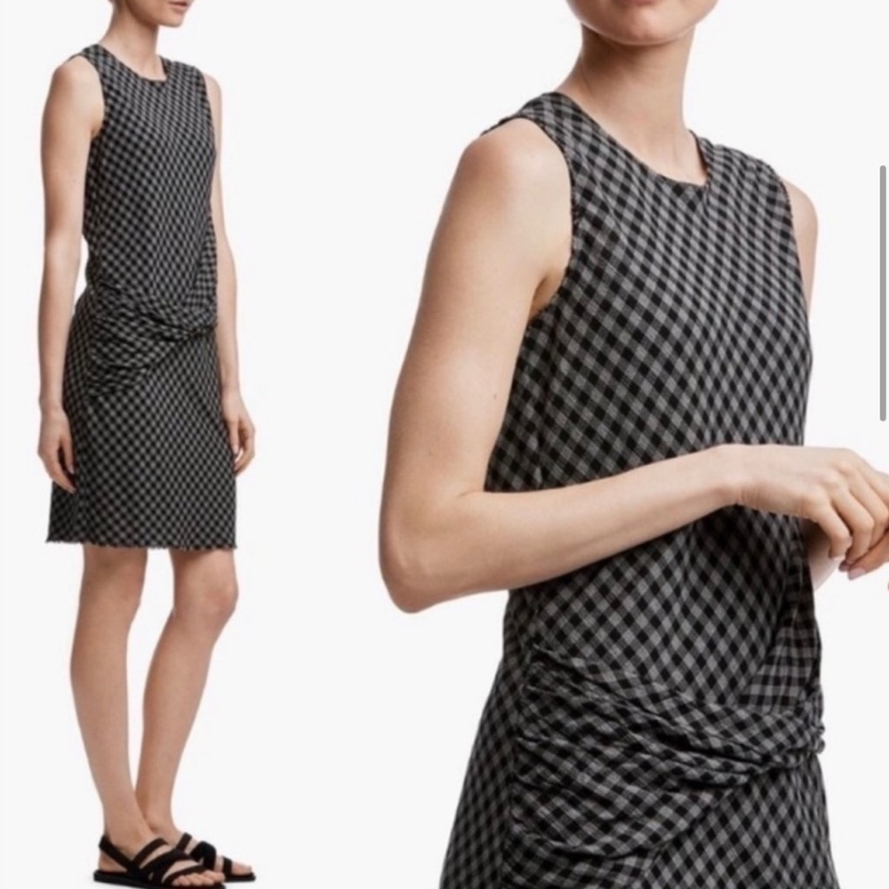 James Perse 0 Dress Wool Blend Checked Plaid Twist Waist Raw Edge Black NWT